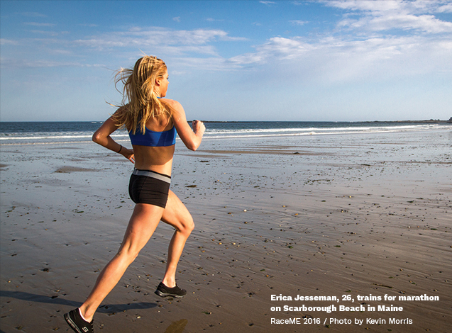 Erica Jesseman, 26, trains for marathon on Scarborough Beach in Maine